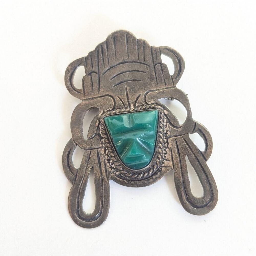Vintage Mexico Sterling Silver 925 Tribal Carved Stone Aztec Mayan Pin Brooch